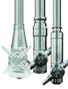 Figure 3. This photo shows three kinds of orbital, in-tank cleaners that are widely used in large-scale fermentation vessels Gamajet