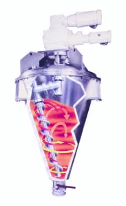 FIGURE 6. The agitator movement and material flow pattern shown here for a vertical blender-dryer provides favorable results for many applications. Product is heated through contact with the jacketed sidewalls. The vacuum-rated cover may also be jacketed to avoid condensation
