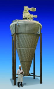 FIGURE 7. Vertical blenders are easily scalable and available in many standard sizes from 1 to 500 ft3. Shown here is a 350-ft3 model, with a cone height measuring 14.5 ft