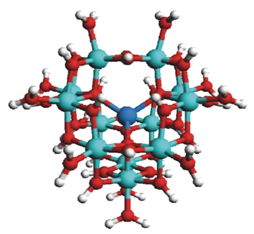 Figure 7: This model shows the [AlO4Al12(OH)24(H2O)12]7+ polycation, which is present in PACl solutions. The aluminum in the central Al(O)4 unit is shown in dark blue, others in light blue. Oxygen is shown in red, hydrogen is shown in white (Source: Saukkoriipi, 2010 [11], with permission).