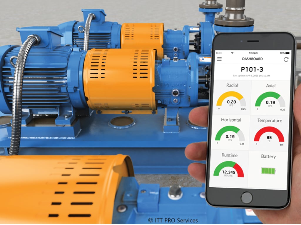 Figure 4. ITT Industrial Process's i-Alert2 equipment health monitor, a Bluetooth smart device, tracks vibration, temperature and run-time hours, trends information and has the ability to diagnose machine faults with vibration and other analysis tools and can send alarms if equipment is outside normal operating conditions ITT Industrial Process 