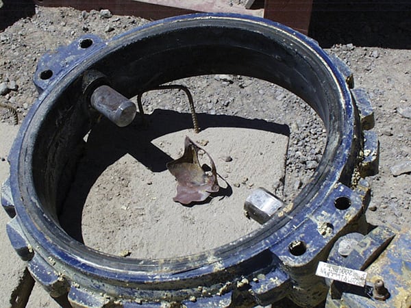 FIGURE 2.  The iron disc of this seated butterfly valve was dissolved by sulfuric acid after the PVDF coating was removed by flowing acid CGIS