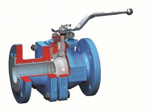 FIGURE 6.  This ball valve uses quarter-turn rotary action to open and close, rather than multiturn linear force Flowserve