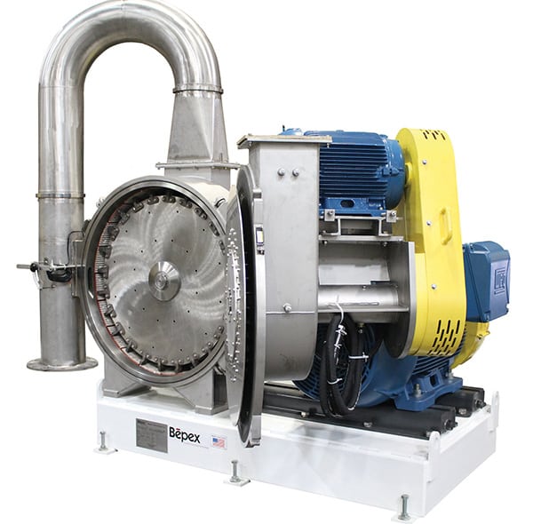 Figure 5. Bepex’s Pulvocron Air Swept Pulverizer provides high-speed material impact and internal classification for ultrafine grinding of powders and cakes. It is well suited to applications requiring moderate moisture reduction and fine size reduction in a single step Bepex