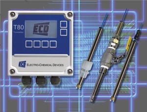 Figure 2.  T80 Universal Transmitters are designed for the continuous measurement of pH, ORP, DO, turbidity and more. The transmitter digitally communicates with an S80 Intelligent Sensor, automatically configuring the transmitter’s menus and display screens to the measured parameter Electro-Chemical Devices