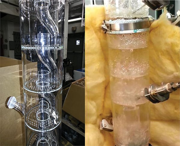 Figure 3.  These photos show unjacketed Oldershaw-style column sections with (right) and without (left) liquid and vapor traffic. These column sections were custom-made with a reduced number of holes for high L/V ratios and with side ports for a thermocouple or sample apparatus. Glass allows visual observation of the tray activity (froth, foaming and fouling issues)