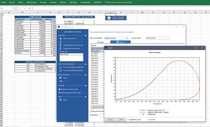 Figure 4.  ProSim’s Simulis Thermodynamics provides the thermodynamics knowledge needed for chemical process simulation. It is available as a Microsoft Excel add-in, a toolbox in MatLab or as a software component that can be plugged into any other application/software requiring reliable and accurate thermophysical properties. The figure shows a phase-envelope calculation diagram ProSim