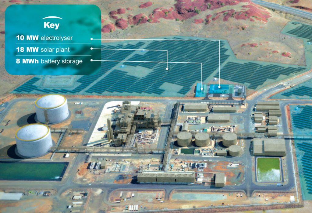 Conceptual drawing showing the Yuri project facilities at the completion of phase 0. The existing YPF ammonia plant is in the foreground and the solar plant is in the background. (Source: ENGIE S.A.)