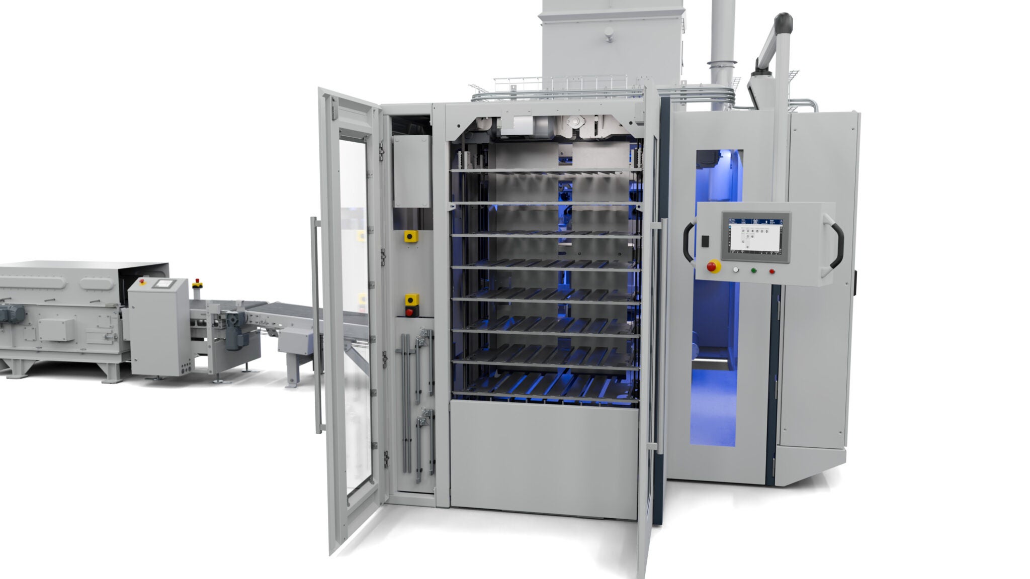 A packing machine with integrated bag applicator and discharge system ...